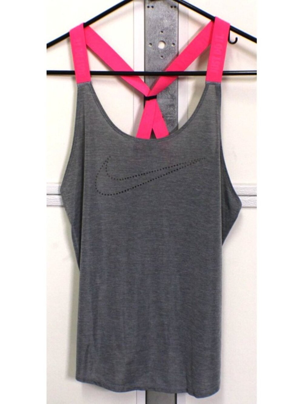 Nike Gray Tank Top Size M Pink Strap Racerback Spandex Activewear Laser Cut Logo